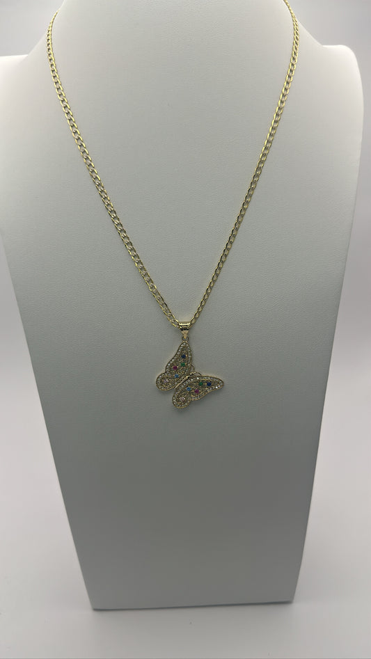 Two tone chain and butterfly CZ pendant