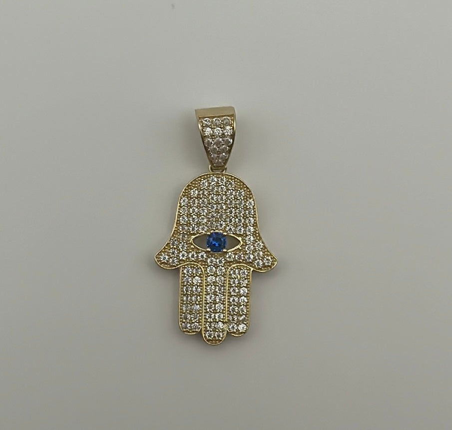 14K Hamsa Pendant Blue