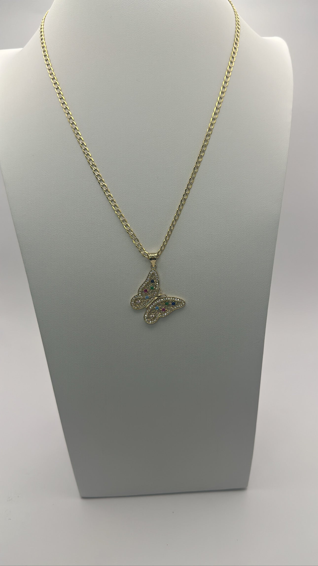 Two tone chain and butterfly CZ pendant