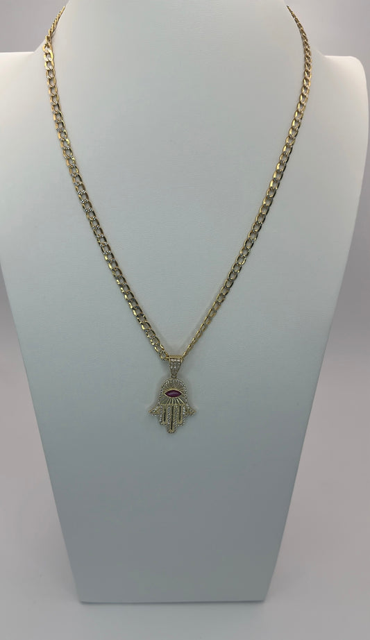 Two tone cuban chain and hamsa pendant